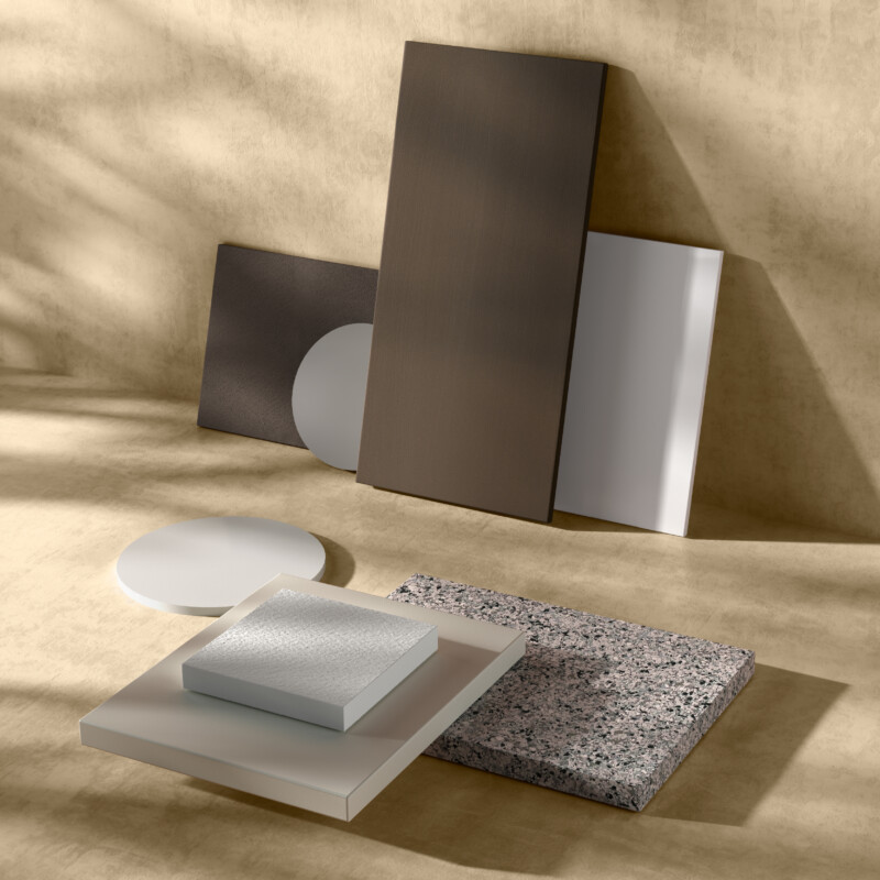 Materiali e finiture: Pietra Acrilica bianca, colorata, effetto pietra / Cemento / Verniciature / Argilla / Palladio