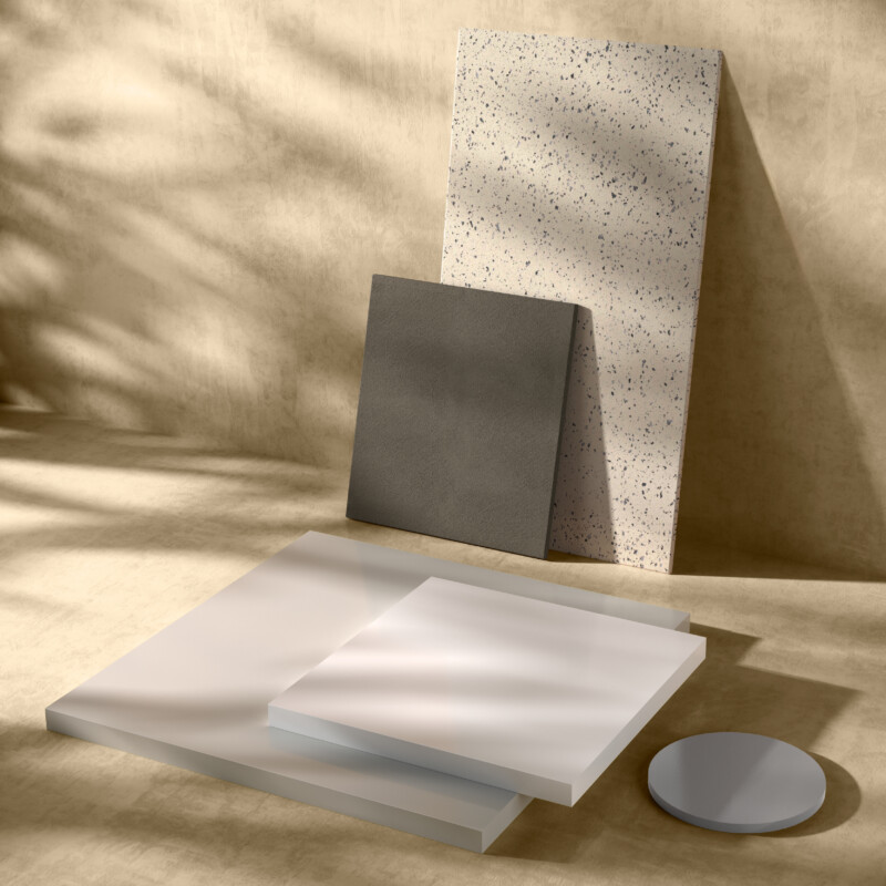 Materiali e finiture: Pietra Acrilica bianca e colorata / Argilla / Palladio
