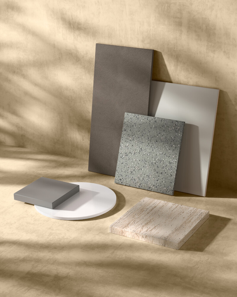 Materiali e finiture: Pietra Acrilica bianca, colorata, venata / Argilla / Palladio