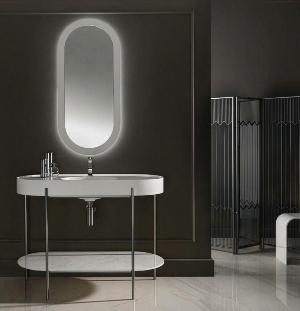 Icona 1200 Acciaio Inox con Top Pietra Acrilica Bianco e Contropiano venato