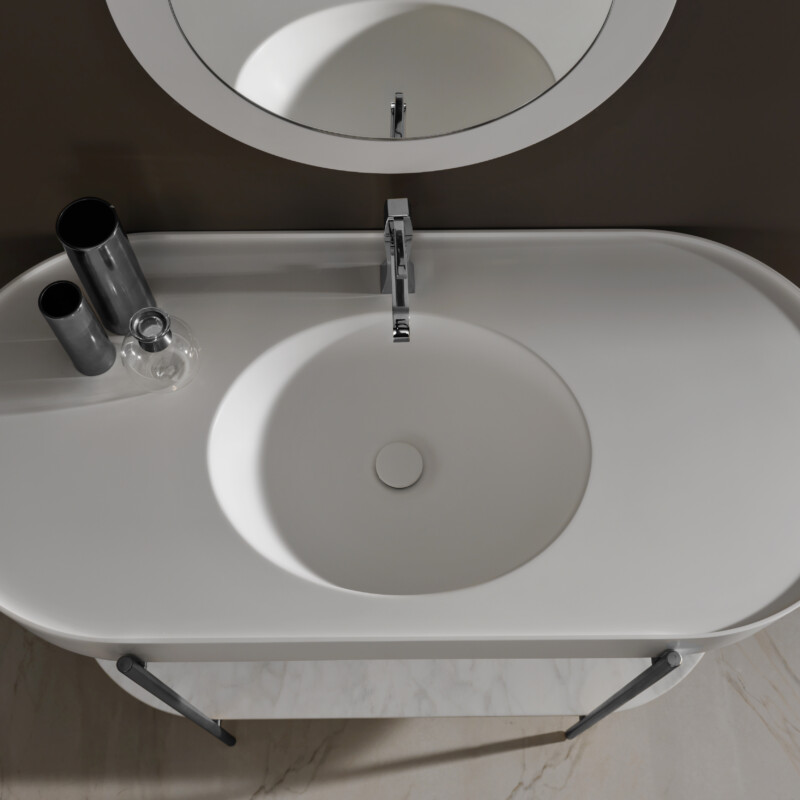 Icona 1200 Acciaio Inox con Top Pietra Acrilica Bianco e Contropiano venato