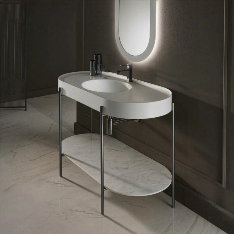 Icona 1200 Acciaio Inox con Top Pietra Acrilica Bianco e Contropiano venato
