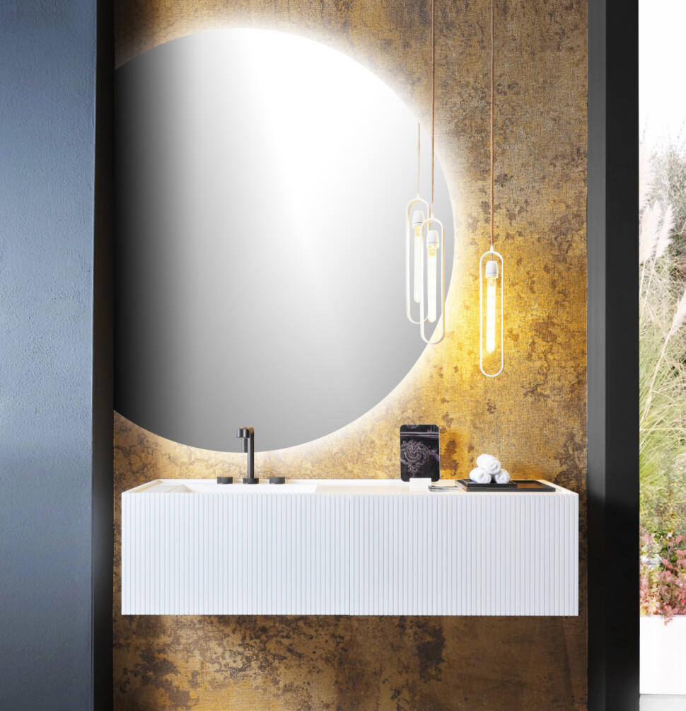 Sintesi C su misura in Pietra Acrilica Bianco / Frontali cassetti cannettati / Lavabo integrato Dieci.19