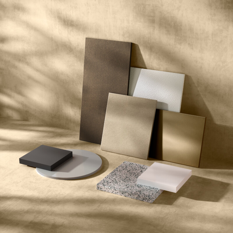 Materiali e finiture: Pietra Acrilica bianca, colorata, effetto Pietra / Verniciature / Metallo liquido / Argilla / Palladio