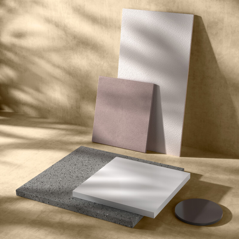 Materiali e finiture: Pietra Acrilica bianca e effetto Pietra / Argilla / Palladio