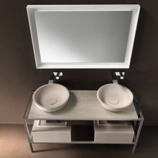 Sintesi X 1505 Manganese / Top Pietra Acrilica Travertino / Cassetti DR 4520 Argilla Polvere / Lavabo Sfera L Argilla Polvere / Specchio Elle SP9
