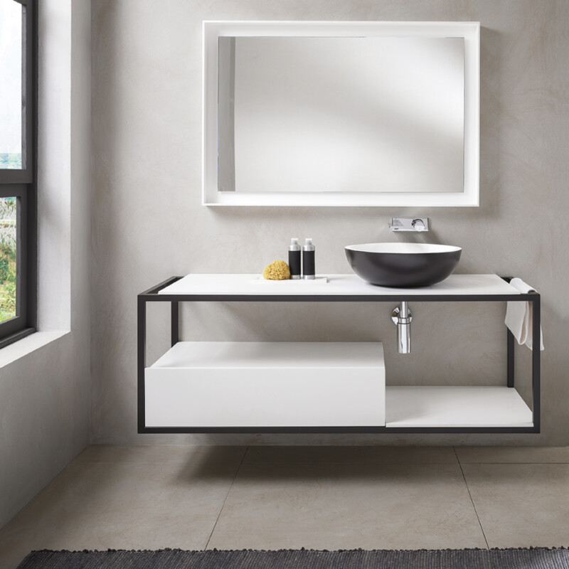 Sintesi 1505 Piombo / Top in Pietra Acrilica Bianco / Cassetto DR9020 in Pietra Acrilica Bianco / Lavabo Sfera L Piombo / Specchio Elle SP 9