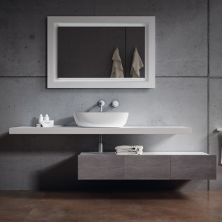 Top Pietra Acrilica Bianco - Cassetti DR 4520 Grigio - Lavabo Melt Light Bianco - Specchio Conca SP 25