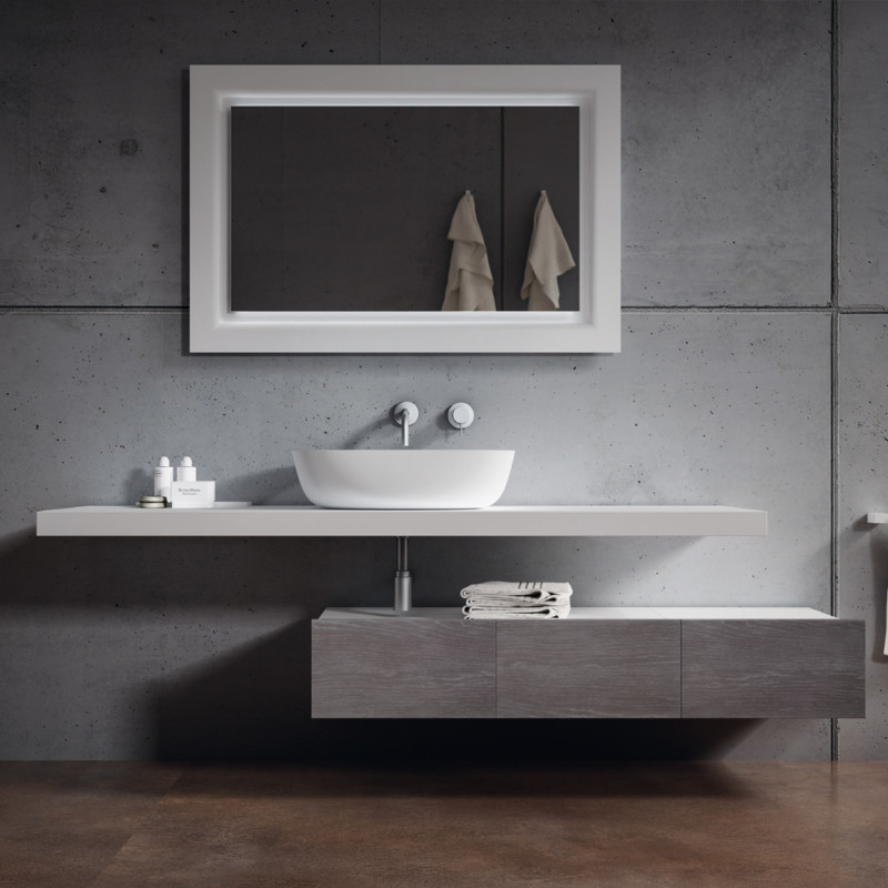 Top Pietra Acrilica Bianco - Cassetti DR 4520 Grigio - Lavabo Melt Light Bianco - Specchio Conca SP 25